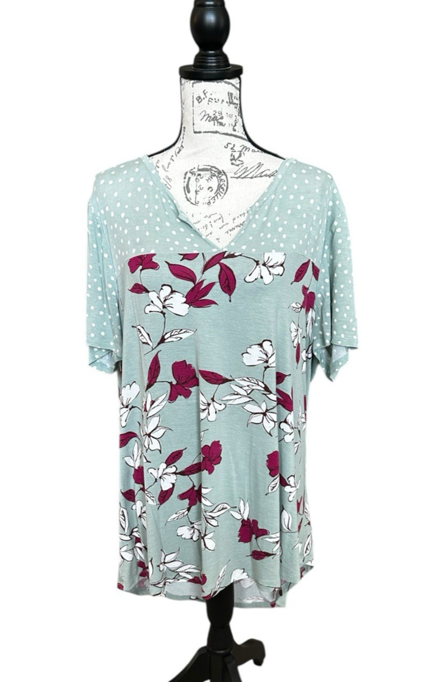 Lane Bryant Swing Tee Notch Neck Multi Print Green Floral Polka Dot 14/16